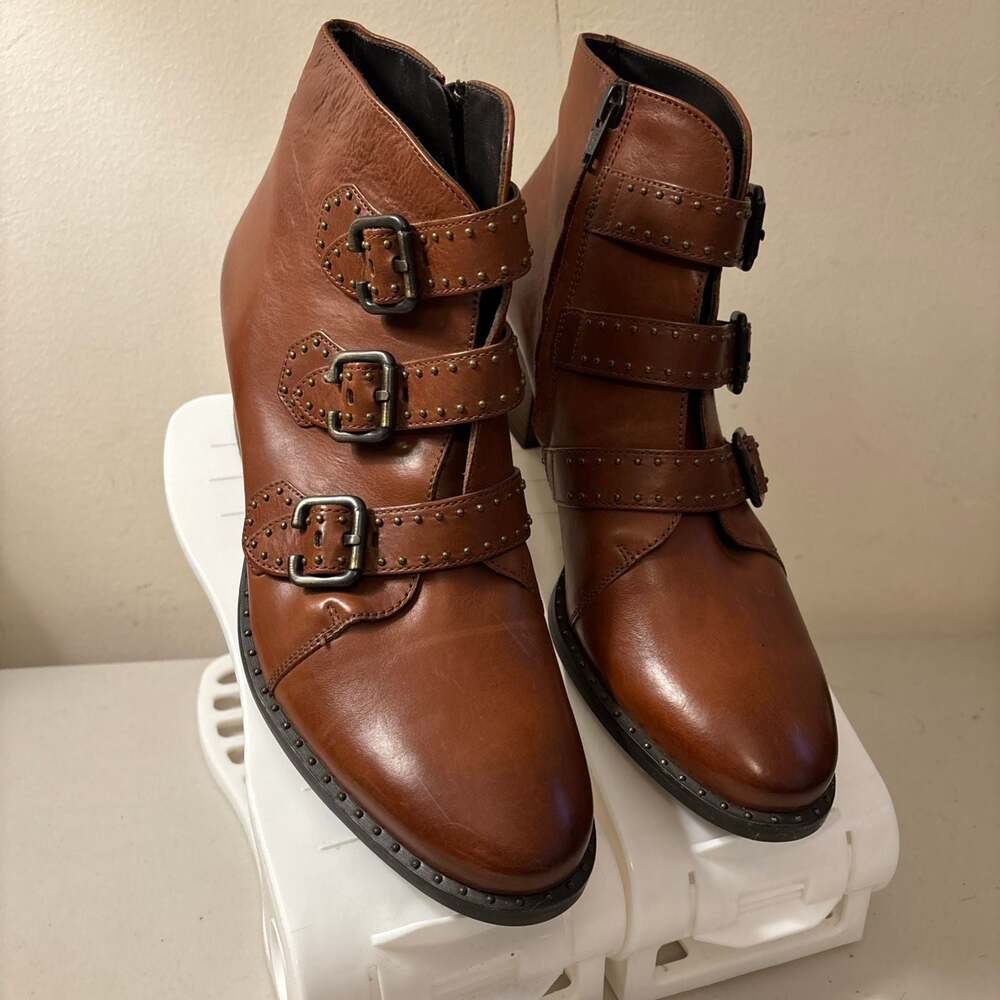 Paul Green Booties Size 9 Brown Soho Moto Copper Studded Buckle Leather